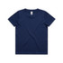A navy blue youth t-shirt with a round neckline and short sleeves. It features a tag inside and has a logo.