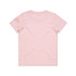 A plain pink kids' T-shirt with short sleeves and a simple design, featuring a logo on the back.