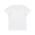 A white kids' staple tee shirt with a simple design and a logo on the label.