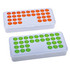 A novelty bubble popper featuring green and orange bubbles on a white container, with a smooth surface and logo.
