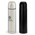 A drink bottle set featuring a silver stainless steel flask and a black flask, each with a logo.