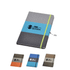 A notebook featuring a grey cover with blue and green accents, available in multiple colours, including orange and brown.