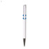 A plastic pen in white with blue accents, featuring a sleek design and a shiny silver tip.