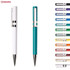 A selection of plastic pens in various colours, including white and teal, featuring silver accents and a logo.