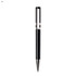 A black plastic pen with a silver clip and accents, featuring a sleek, modern design and a logo.