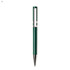 A green plastic pen with a silver clip and detailing, featuring a logo.