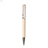 A cream plastic pen with a silver clip and details, featuring a branding logo.