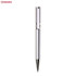 A metallic silver pen with a sleek design and a clip, featuring a branding logo on the upper part.
