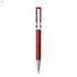 A red plastic pen with a sleek silver clip and tip, featuring a logo on its body.