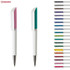 Two plastic pens in pink and teal with white barrels, alongside a selection of ink colours in various shades.