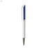 A plastic pen featuring a white barrel and a blue clip, with a metallic silver tip and branding.