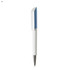 A plastic pen featuring a white body and a blue top, with a silver tip and a logo.