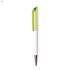 A plastic pen in white with a green translucent cap and a chrome tip, featuring a branding logo.