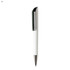 A white plastic pen with a black cap and silver accents. It features a simple design and a logo.