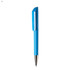 A blue plastic pen with a sleek design and a silver tip, featuring a logo on the barrel.