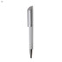 A plastic pen in light grey with a smooth body and a textured cap, featuring a silver tip and a logo.