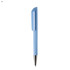 A blue plastic pen with a textured grip and shiny silver tip, featuring a branding logo.