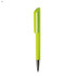 A plastic pen in vibrant green, featuring a unique cap design and a shiny silver tip, with a logo on the barrel.