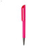 A pink plastic pen with a shiny clip and silver tip, featuring a branding logo.