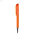 An orange plastic pen with a glossy finish and a contrasting cap, featuring a branding logo.