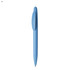 A plastic pen in a soft blue colour with a smooth finish and a clip on the side, featuring a logo.