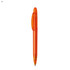 An orange plastic pen with a click mechanism and a clip. The pen features a transparent body and a pointed tip.