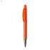 An orange plastic pen with a clear body and a silver metal tip, featuring a clip and logo.