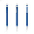 A blue plastic pen with a silver clip and tip, featuring a transparent barrel and a branding logo.