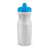 A drink bottle in white with a blue lid and a textured grip, featuring a branded logo.