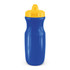A drink bottle in blue with a yellow screw-on lid, featuring a textured grip and a logo.
