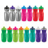 A drink bottle collection featuring silver, red, pink, green, purple, and other bright colours, all with caps and logos.
