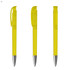 A set of three yellow plastic pens, featuring a silver clip and tip, showcasing a sleek design.