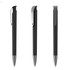 A set of three black plastic pens with a shiny silver clip and tip, each showing a different angle.