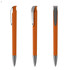 An orange plastic pen with a silver clip, shown from three different angles. The pen has a glossy finish.