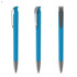 A blue plastic pen with a silver clip, displayed from three angles. It features a sleek design and a branding logo.