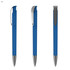 A blue plastic pen with a silver clip, displayed from three different angles. It features a transparent barrel.