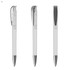 A plastic pen in transparent with silver detailing, featuring a clip for attachment.