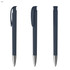 A plastic pen with a soft grip featuring a dark blue body and silver accents, shown from three angles.