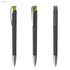 A metal pen with a soft grip, featuring a grey body and bright green accents. It has a clip and silver trim.