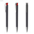 A black and red plastic pen with a soft grip, featuring a silver clip and tip, along with a logo.
