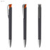 A sleek black plastic pen with an orange grip and a shiny silver clip, featuring a logo on the side.