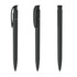 Three sleek black plastic pens displayed from different angles, featuring a clip and a smooth finish. Each pen has a branding logo.