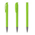 A metal pen in vibrant green with a gloss finish, featuring a clip and a sleek design. It includes branding.