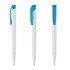 A white plastic pen with a blue cap and clip, featuring a smooth design and a logo.