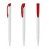 A white pen with a red clip and tip, featuring a logo on the side. It has a sleek, modern design.