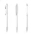 A set of white plastic pens featuring a sleek design and silver accents, displaying various angles.