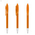 Three transparent orange plastic pens with silver tips and retractable mechanisms, featuring a clip and branding.