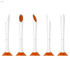 A set of five plastic pens with white bodies and orange accents, featuring unique shapes and a branding logo.