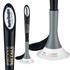 A black and grey writing pen with a curved design and a white adhesive base, featuring a logo.