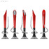 A collection of five sleek, red plastic pens with spiral clips and black bases, each featuring a branding logo.